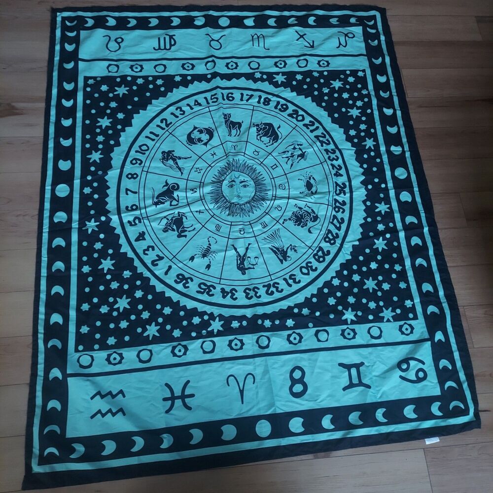 Zodiac Celestial Tapestry Sun Astrology Wall Hanging Teal Black 48x60 Boho Decor